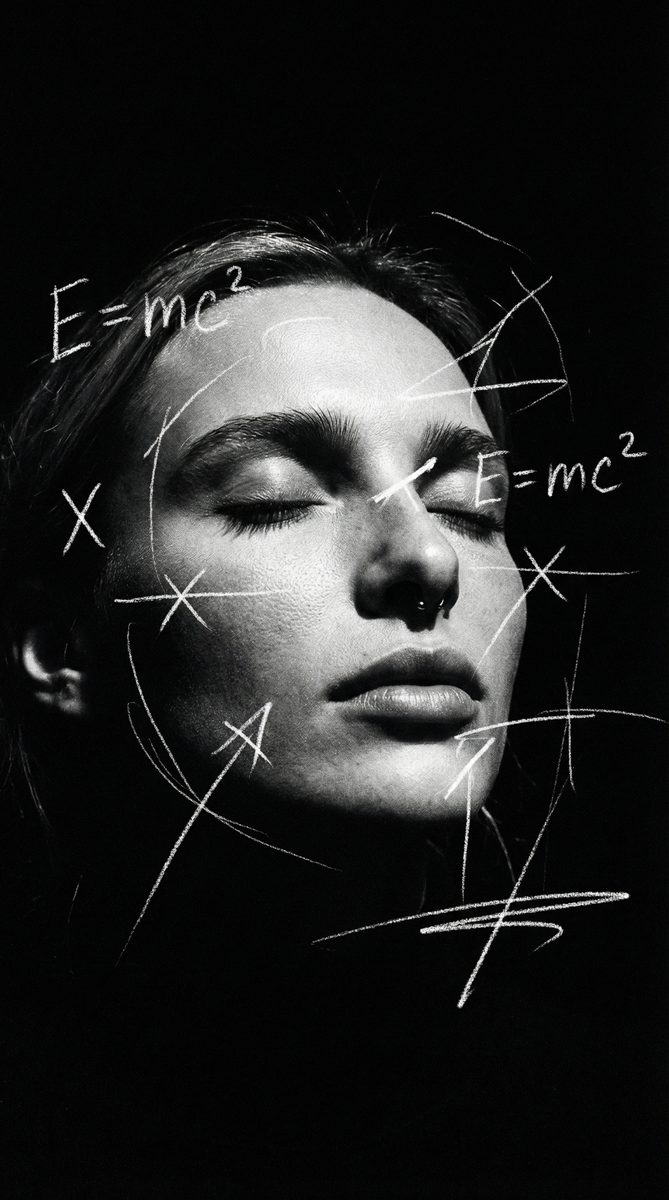 A dramatic, hyper-realistic, black and white portrait of a person's f…