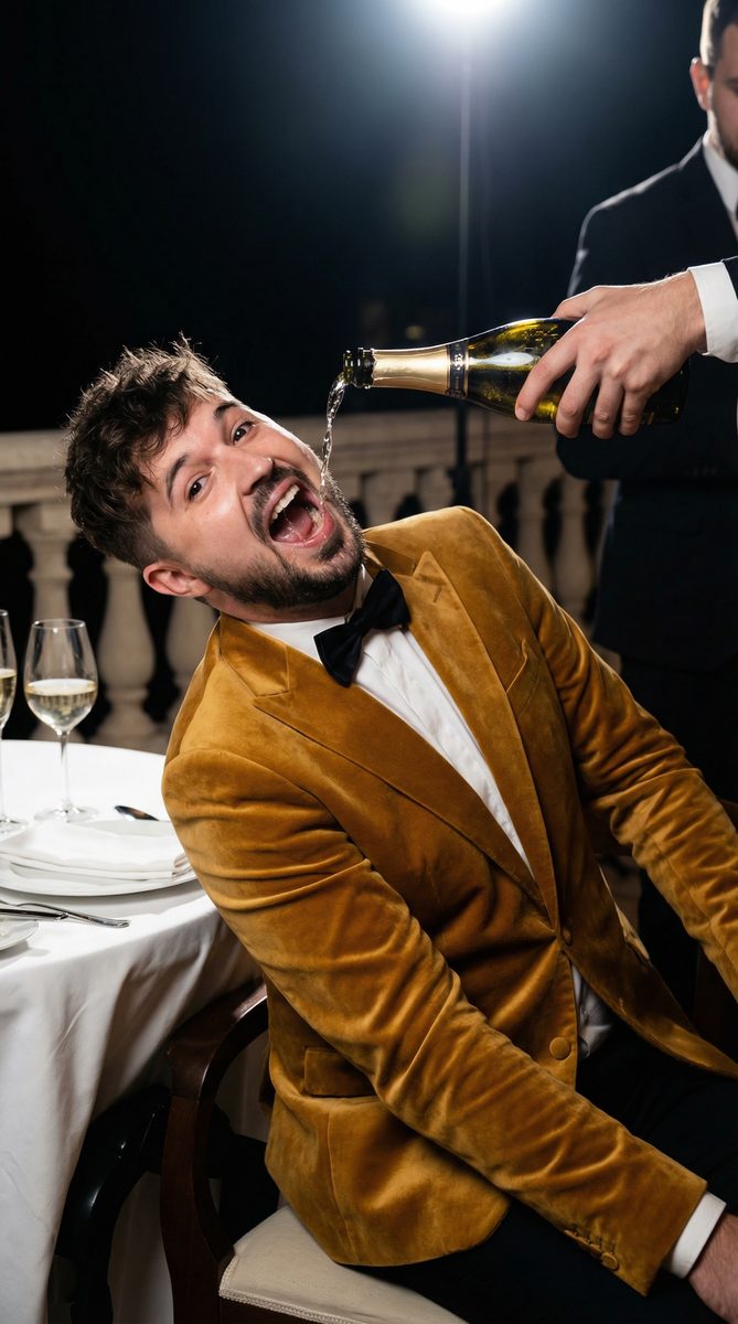 I am seated at an elegant dining table during a nighttime celebration…