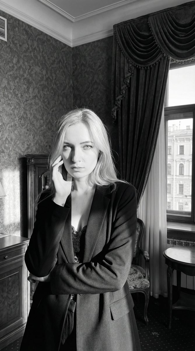 Show me this woman in a old hotel saint petersburg.I n the style of "…